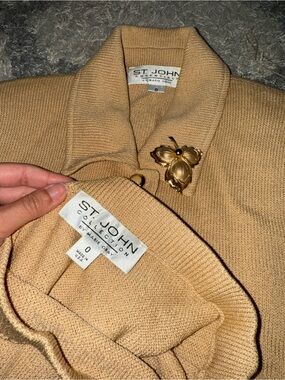 St. John Tan Knit Cardigan and Pencil Skirt with Gold Floral Brooch ✏️